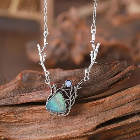 Zinc Alloy Necklace Intricate Antler Design & Multi-Colored Resin Stone Pendant - Picture 5 of 7